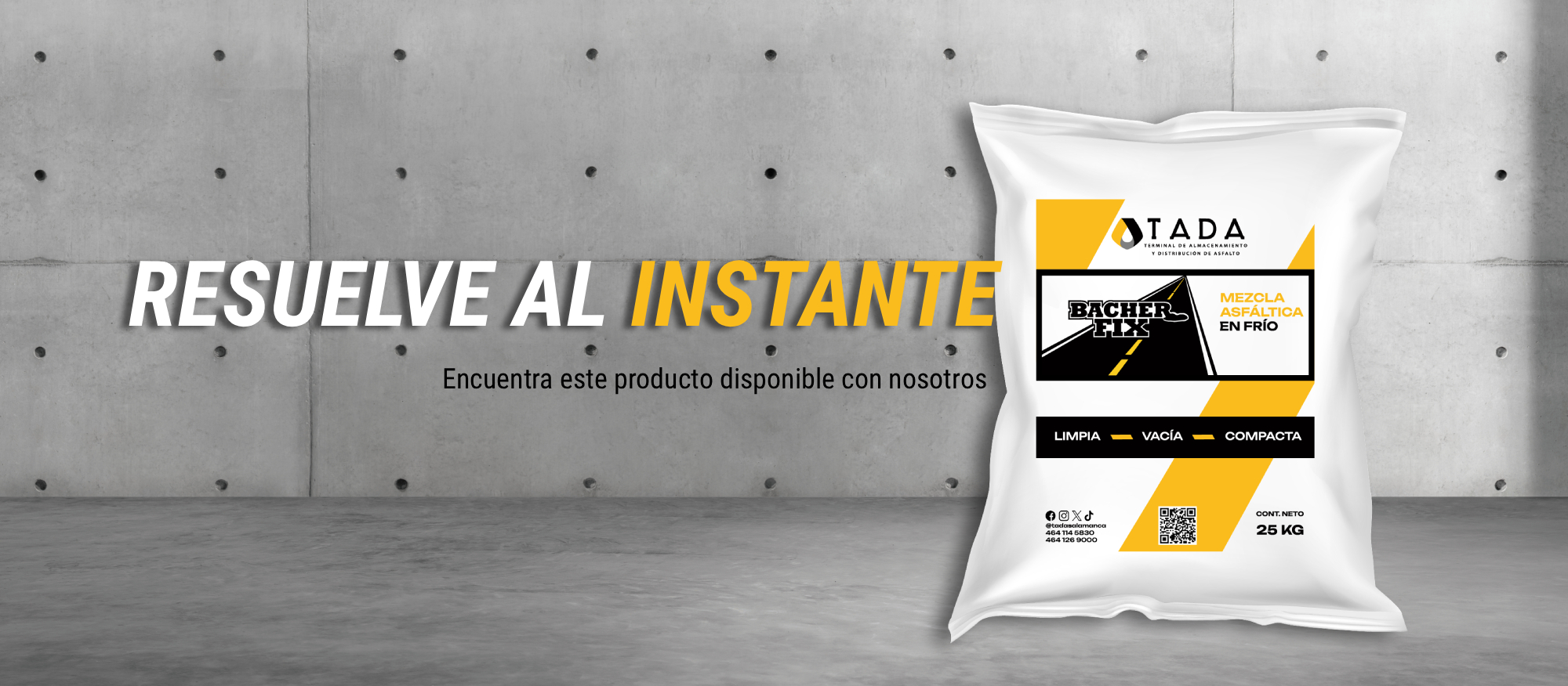 banner comercial del producto BACHERFIX mezcla asfáltica en frío
